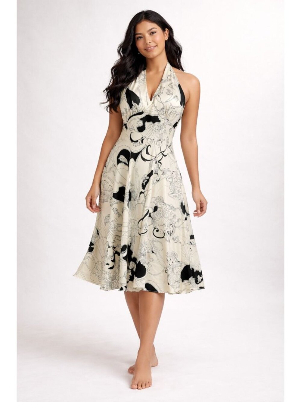 Vintage Silk Midi Dress Black Cream Floral Halter Babydoll Fairy Y2K Size 12